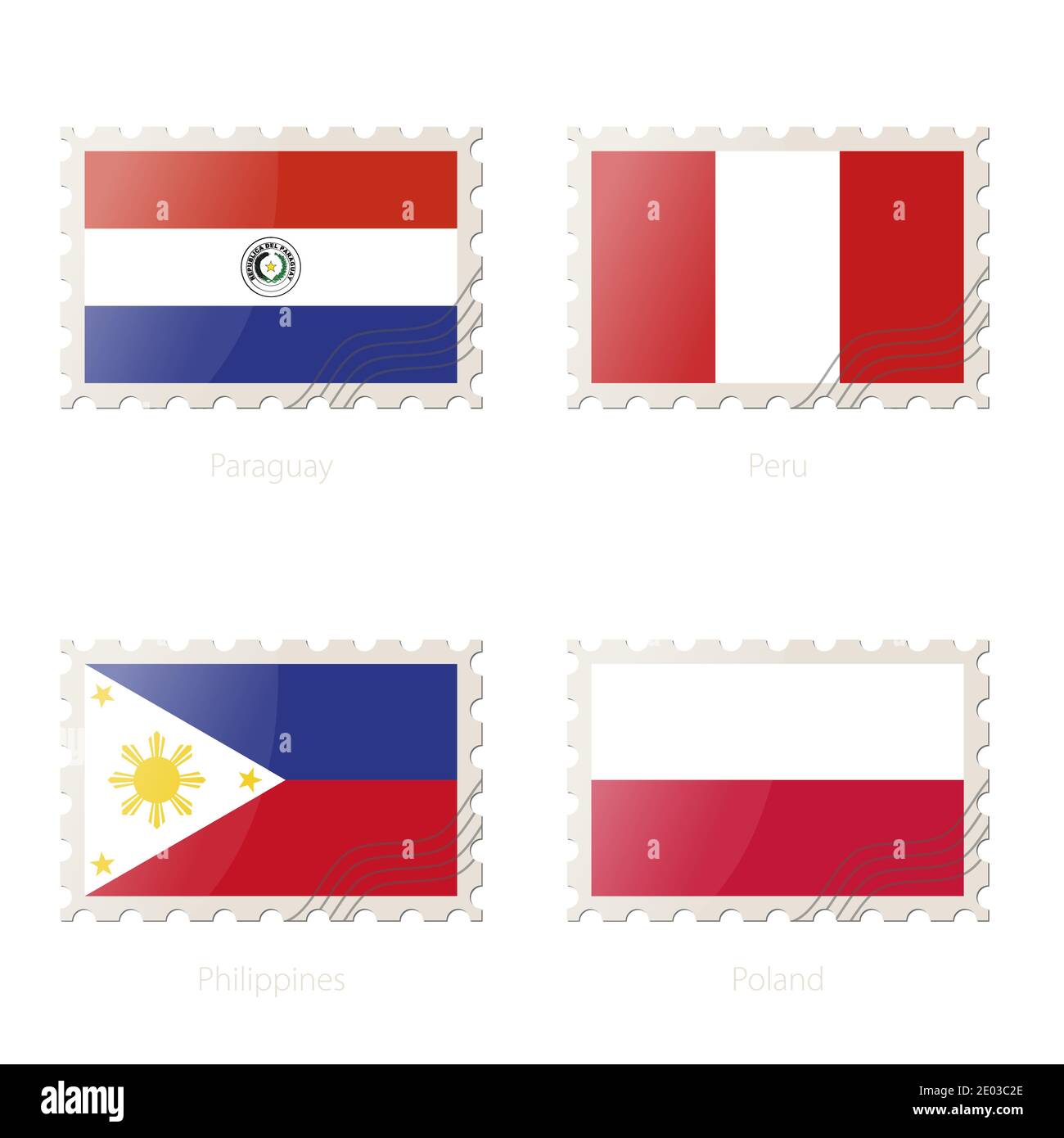 Timbre-poste avec l'image du Paraguay, Pérou, Philippines, Pologne drapeau. Philippines, Pologne, Paraguay, Pérou Pavillon Postage sur fond blanc avec SH Illustration de Vecteur