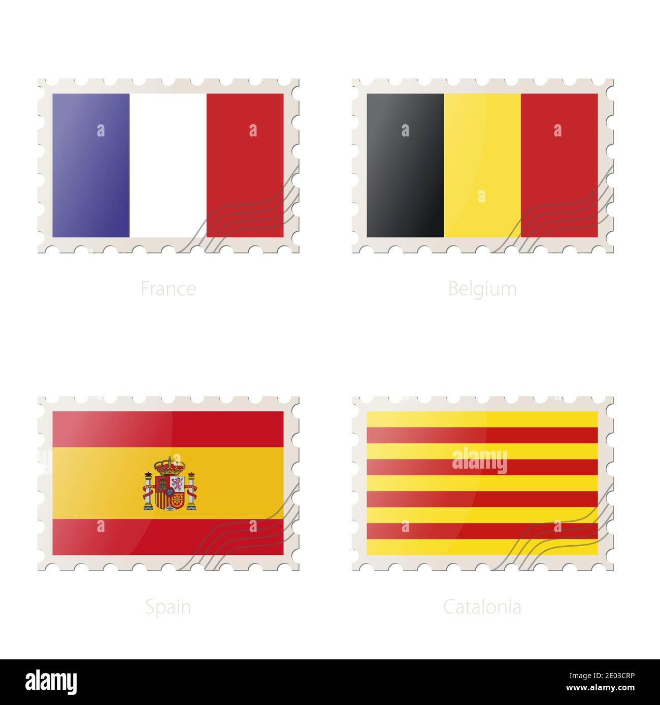 Timbre-poste avec l'image de la France, de la Belgique, de l'Espagne, du drapeau de la Catalogne. Illustration vectorielle. Illustration de Vecteur