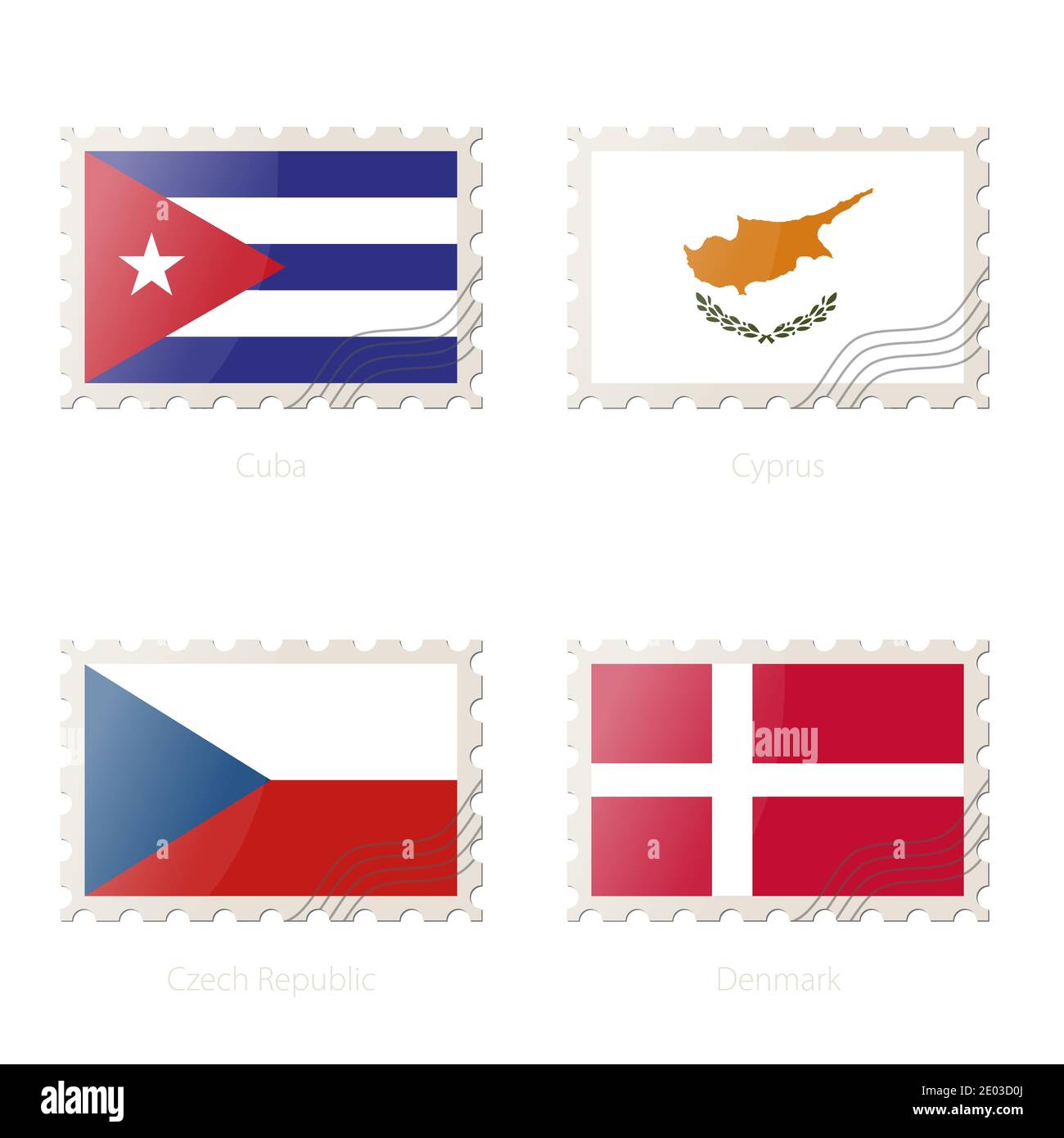 Timbre-poste avec l'image de Cuba, Chypre, République tchèque, drapeau du Danemark. République tchèque, Danemark, Cuba, Chypre drapeau Postage sur fond blanc avec Illustration de Vecteur