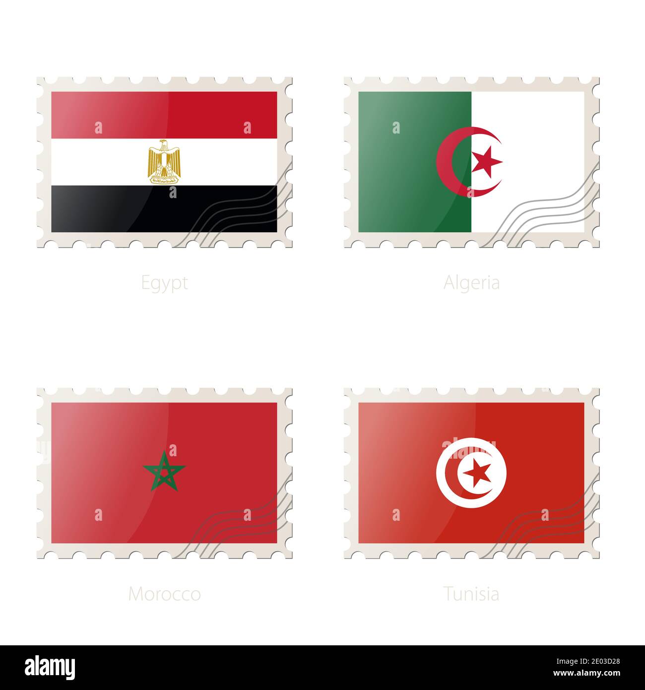 Timbre-poste avec l'image de l'Égypte, de l'Algérie, du Maroc, du drapeau de la Tunisie. Illustration vectorielle. Illustration de Vecteur