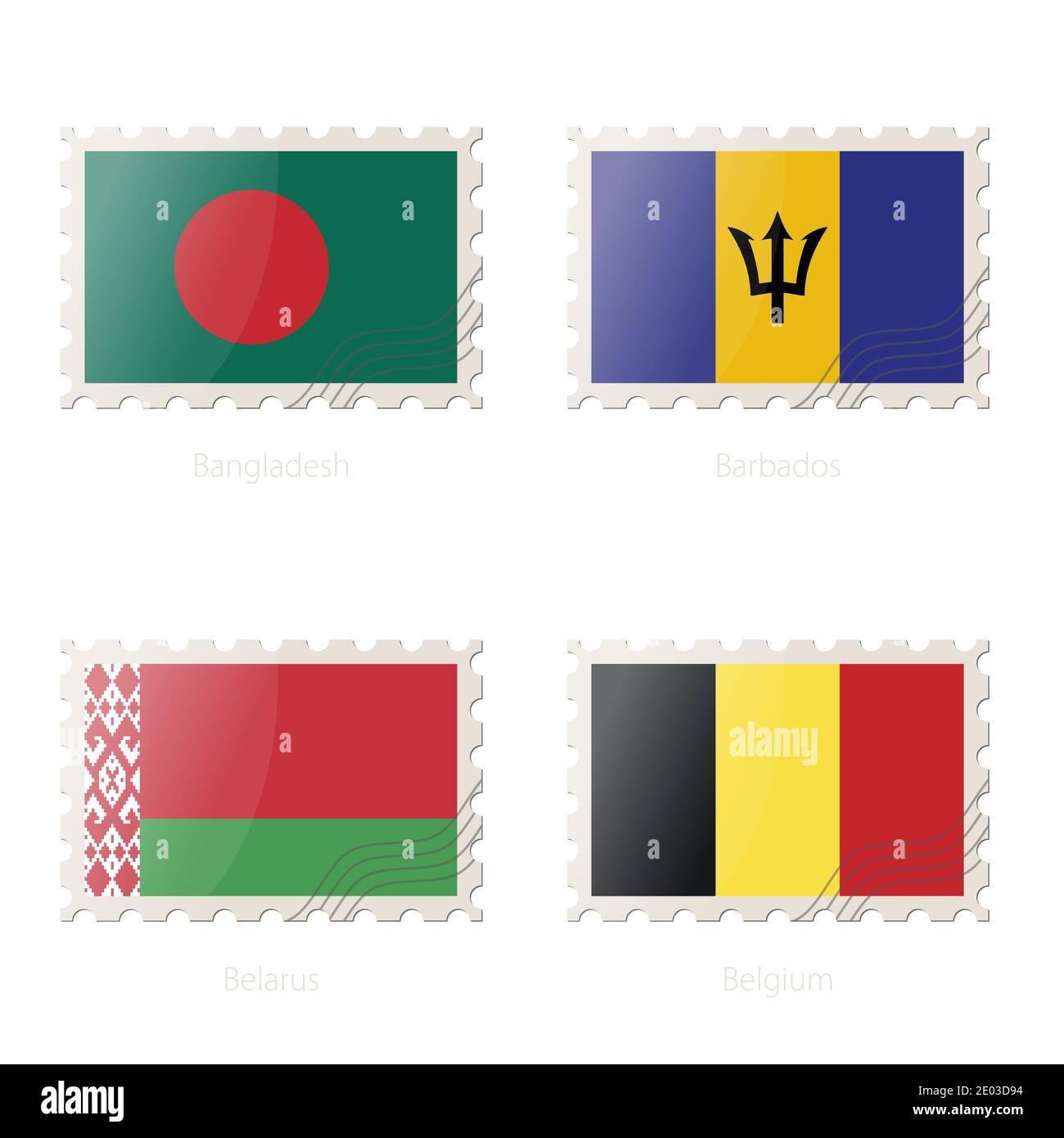 Timbre-poste avec l'image du drapeau du Bangladesh, de la Barbade, de la Biélorussie et de la Belgique. Bélarus, Belgique, Bangladesh, Barbade Pavillon Postage sur fond blanc W Illustration de Vecteur