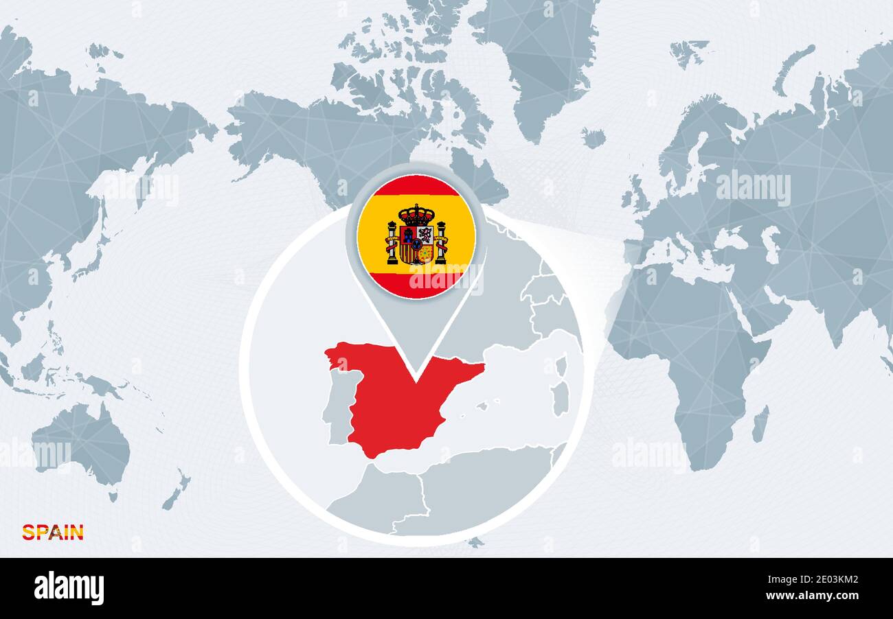 Carte Du Monde Centree Sur L Amerique Avec Espagne Magnifiee Drapeau Bleu Et Carte De L Espagne Illustration Vectorielle Abstraite Image Vectorielle Stock Alamy