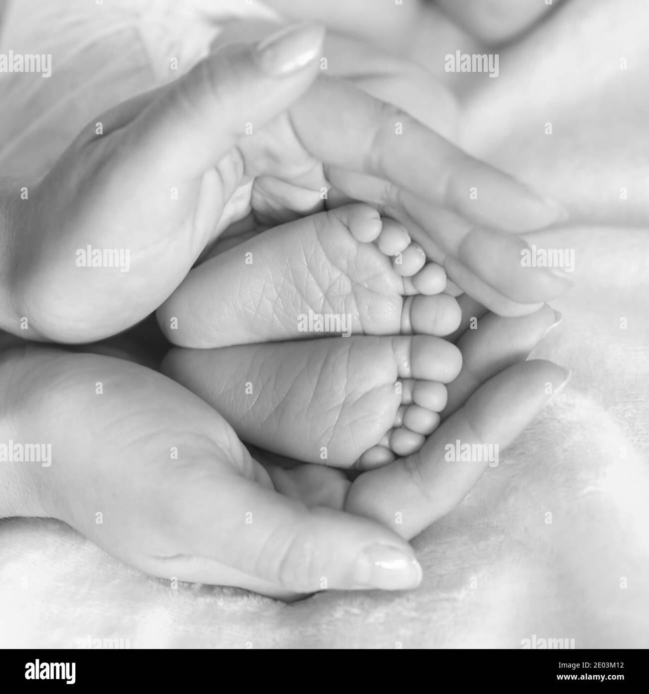 Maman Tient Dans Ses Mains Les Pieds D Un Nouveau Ne Bebe Photo Stock Alamy