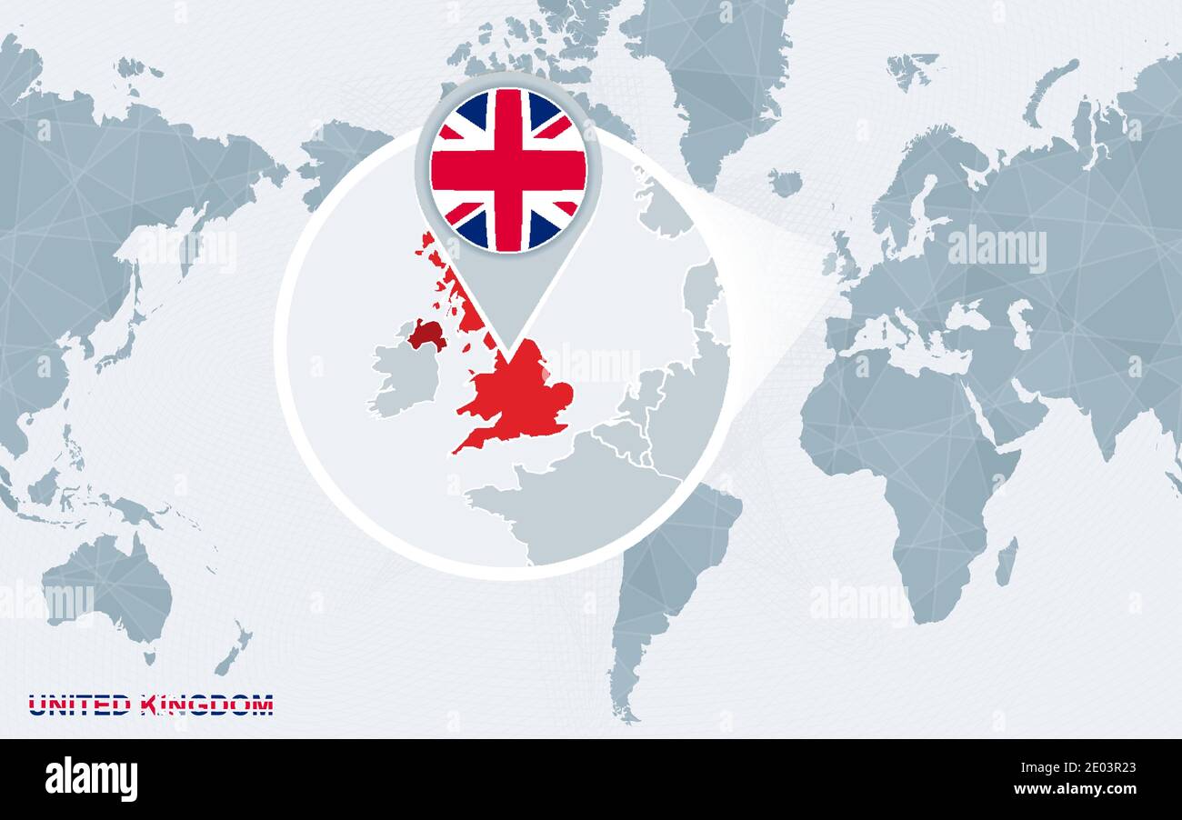 Carte du monde centrée sur l'Amérique avec Royaume-Uni agrandi. Drapeau