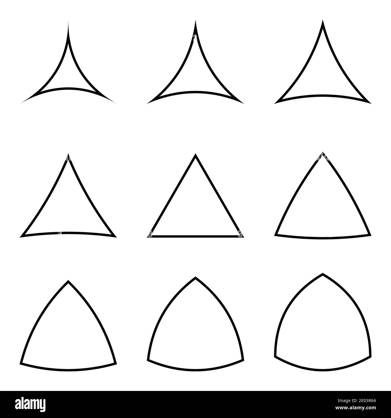 Définir des triangles avec des côtés concaves et convexes, logo vectoriel tatouage gabarit triangle gonflé et mince Illustration de Vecteur