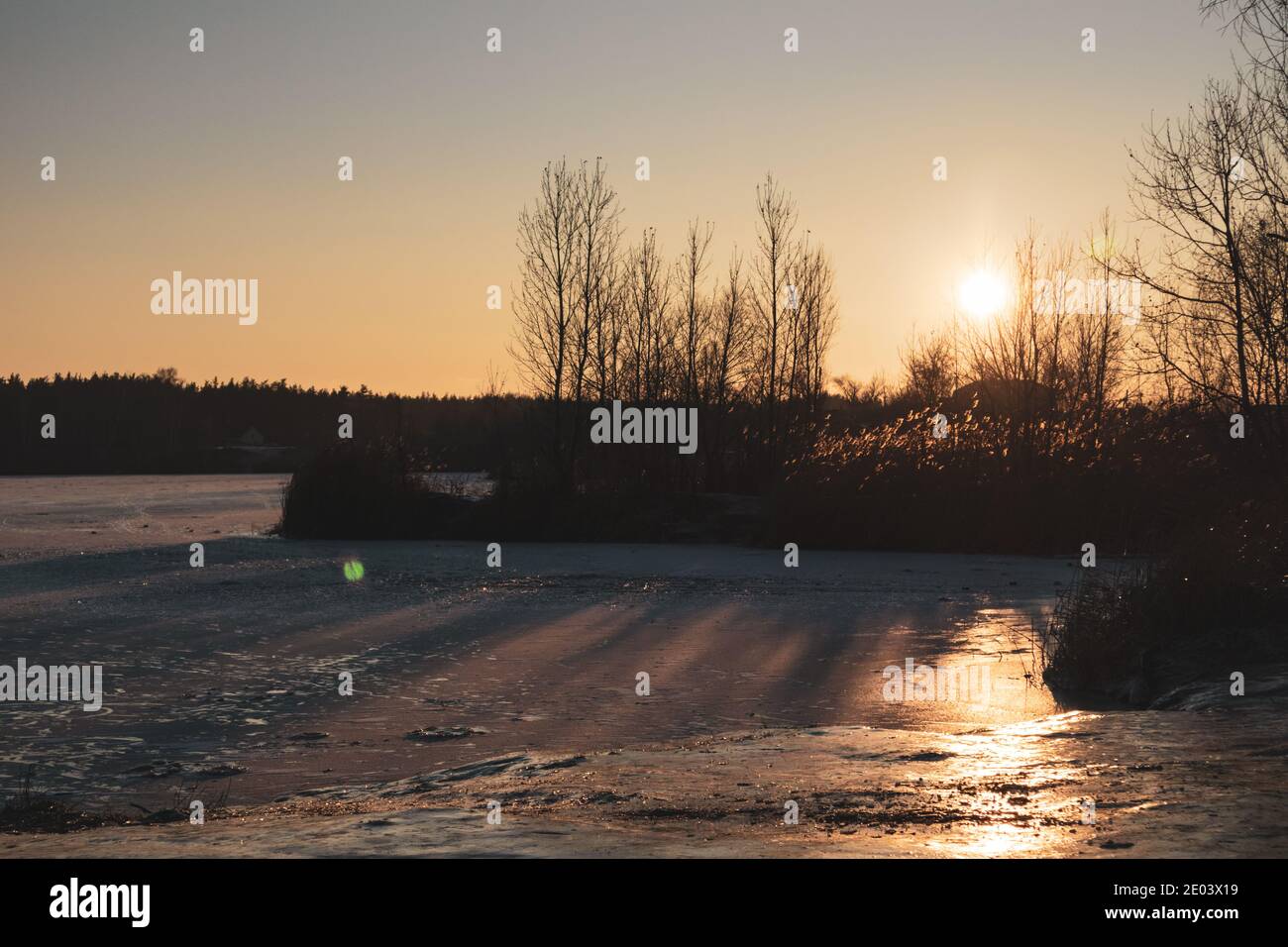 Coucher de soleil orange vif sur un lac réfléchissant glacé avec silhouettes d'arbres sombres, ombres longues et ciel clair Banque D'Images