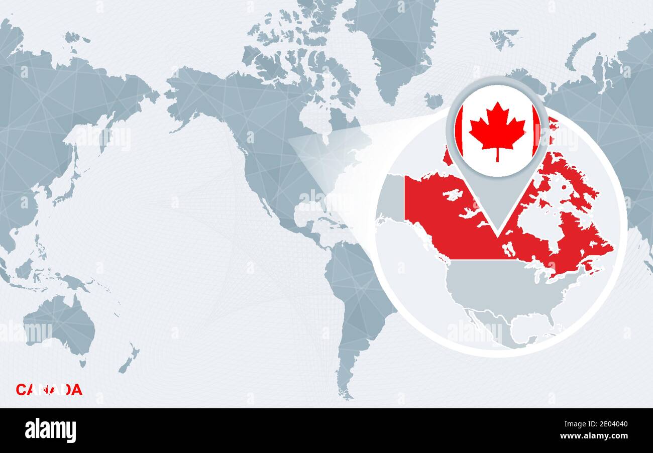 Carte du monde centrée sur l'Amérique avec le Canada agrandi. Drapeau bleu et carte du Canada. Illustration vectorielle abstraite. Illustration de Vecteur