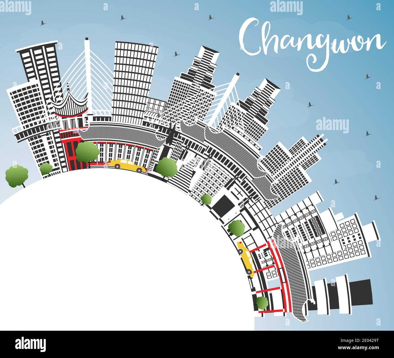 Changwon South Korea City Skyline avec des bâtiments couleur, ciel bleu et espace de copie. Illustration vectorielle. Voyages d'affaires et tourisme Illustration de Vecteur
