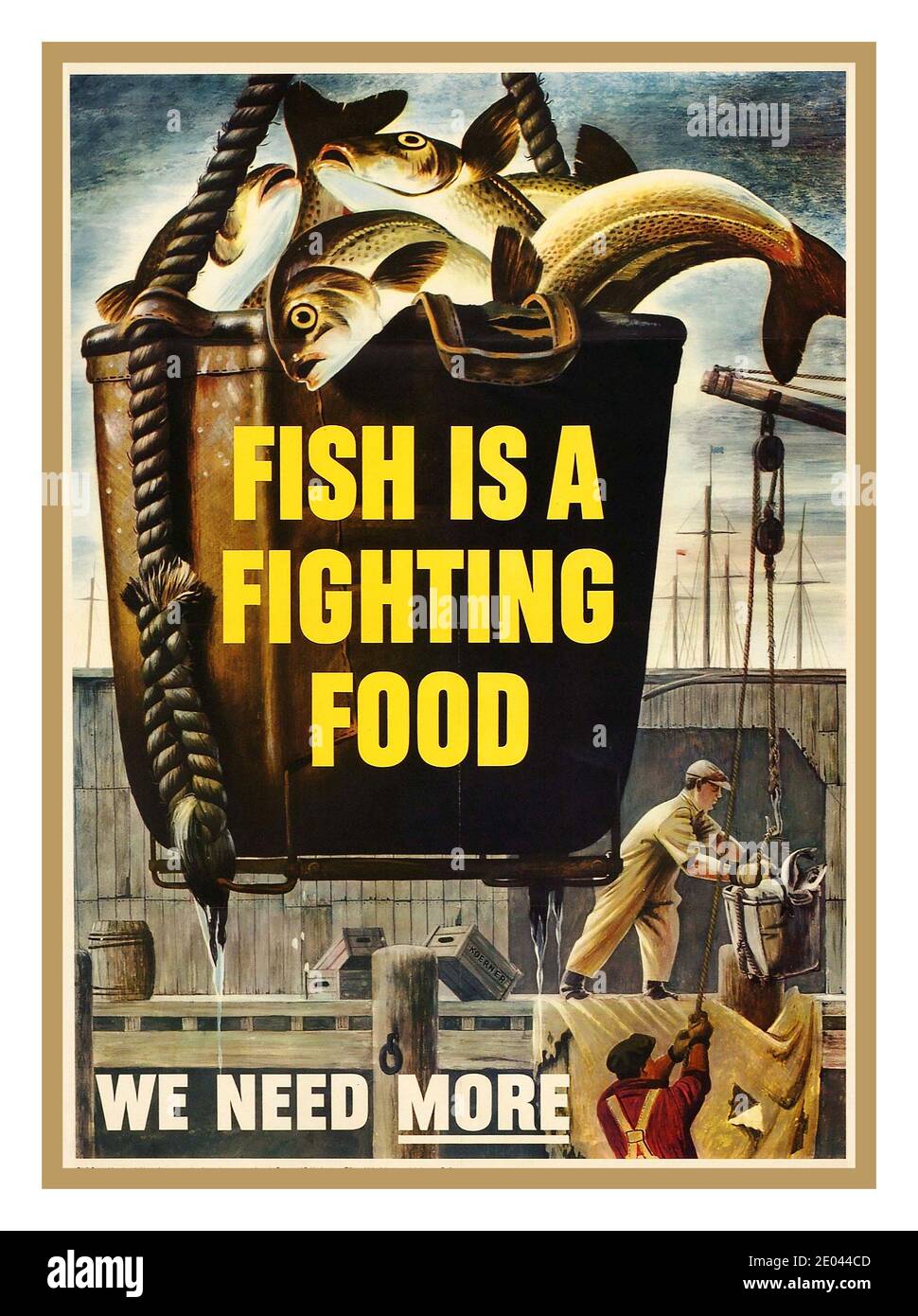 FISH Vintage WW2 Poster de propagande «le poisson est une nourriture de combat. Nous avons besoin de plus. Production alimentaire pendant la Seconde Guerre mondiale des années 1940 Banque D'Images