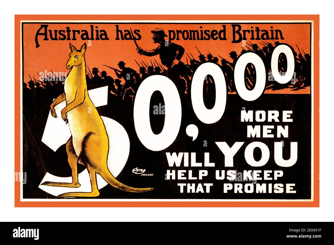 Archive affiche de recrutement de la WW1 Australie 1914 « l’Australie a promis à la Grande-Bretagne 50000 hommes de plus; allez-vous nous aider à tenir cette promesse » affiche un kangourou devant le numéro 50,000 et en arrière-plan silhouette des soldats au combat. Adélaïde 1915 Guerre mondiale, 1914-1918--recrutement et enrôlement--kangourous d'Australie--Australie--1910 à 1920 soldats australiens--1910 à 1920 lithographies--couleur--1910-1920. Affiches de guerre--australiennes--1910-1920. Banque D'Images