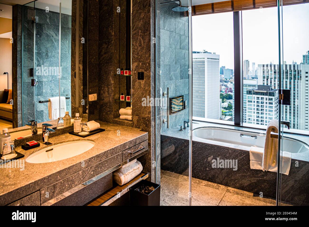 La salle de bains du The Okura Tokyo, dans le quartier de Minato à Tokyo, au Japon, offre une vue sur les toits de la ville de millions d'habitants à travers une fenêtre du sol au plafond, bien au-dessus des foules de la mégalopole. Banque D'Images