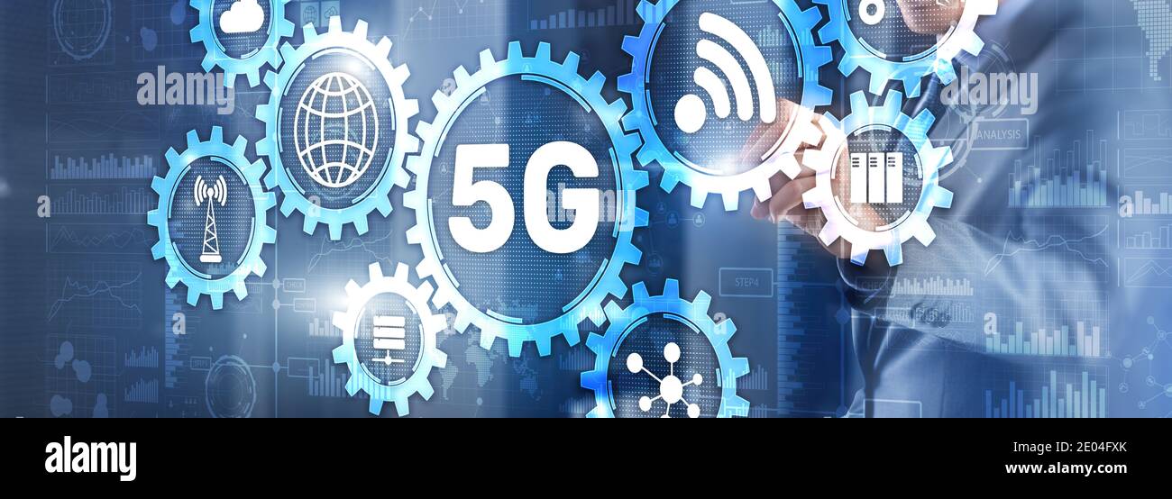 5G génération de Fives concept de télécommunication à connexion Internet haut débit. Supports mixtes Banque D'Images