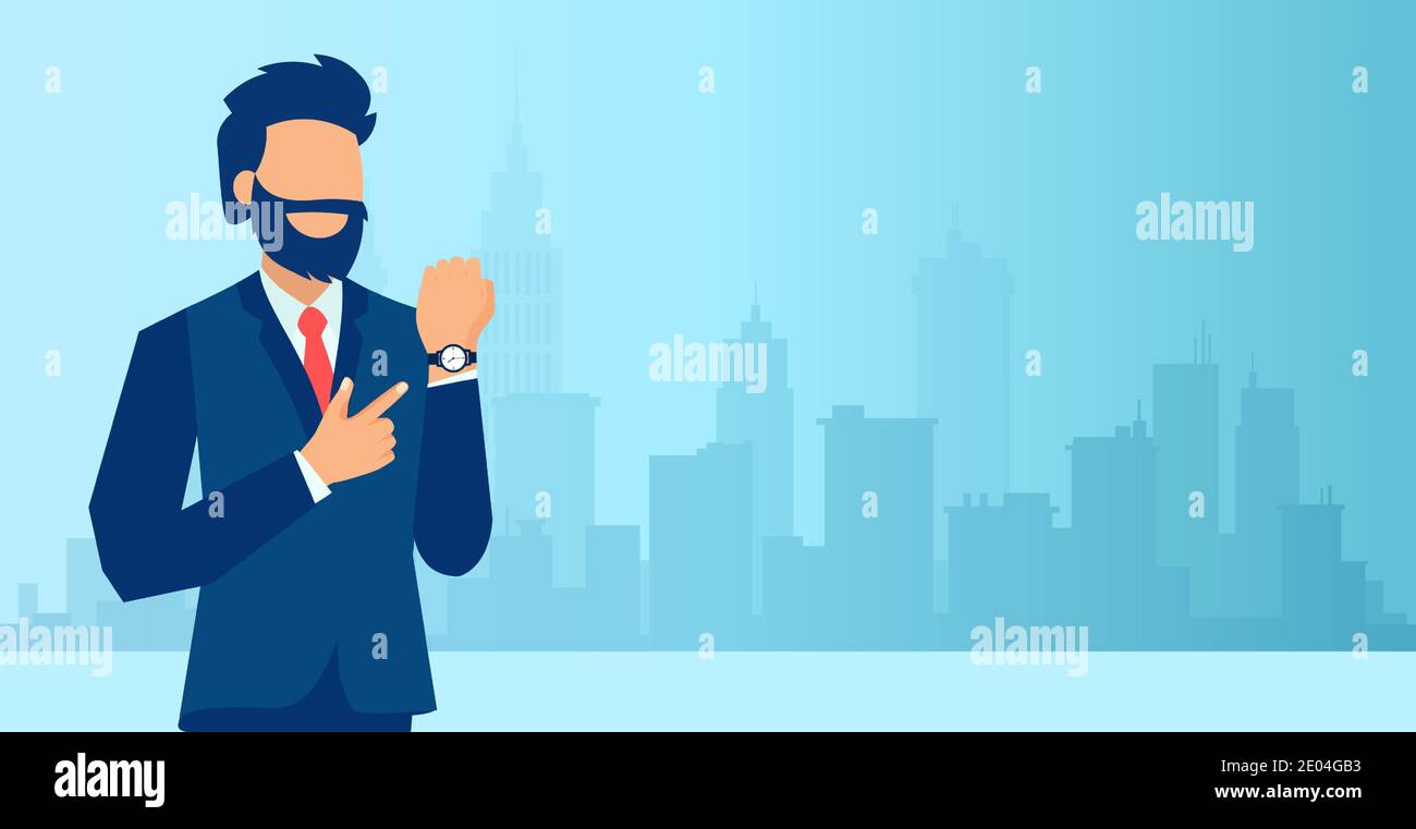 Vecteur d'un homme d'affaires barbu pointant ou montrant du temps sur sa montre de poignet debout sur un fond de ville Illustration de Vecteur