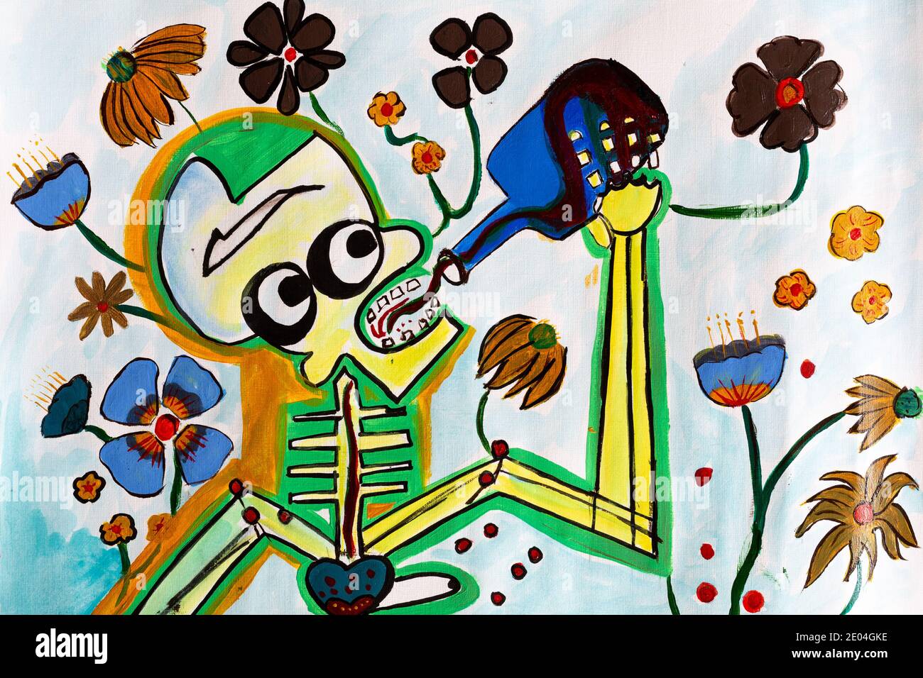 squelette buvant une bouteille de liqueur avec des fleurs sur un fond blanc en acrylique Banque D'Images