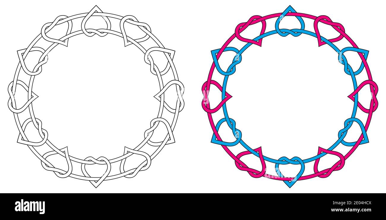 Couronne coeurs tordus, cadre photo, cercle de coeurs rouges et bleus entrelacés vectoriels, symbole de l'amour Saint-Valentin Illustration de Vecteur