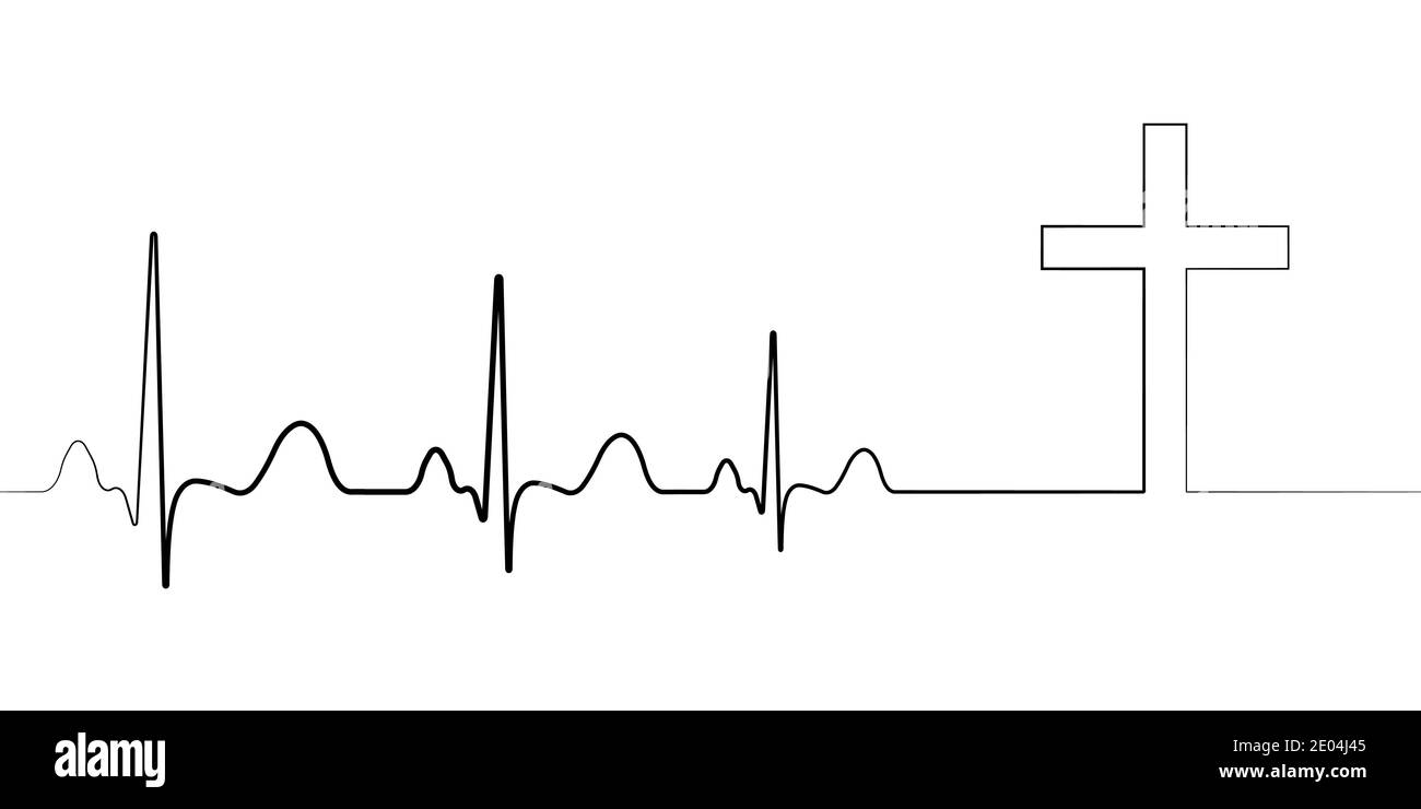 Symbole de l'icône de la mort arrêt cardiaque, cardiogramme vectoriel avec croix, concept de chemin de la mort vers la foi condoléances, départ vers un autre monde Illustration de Vecteur