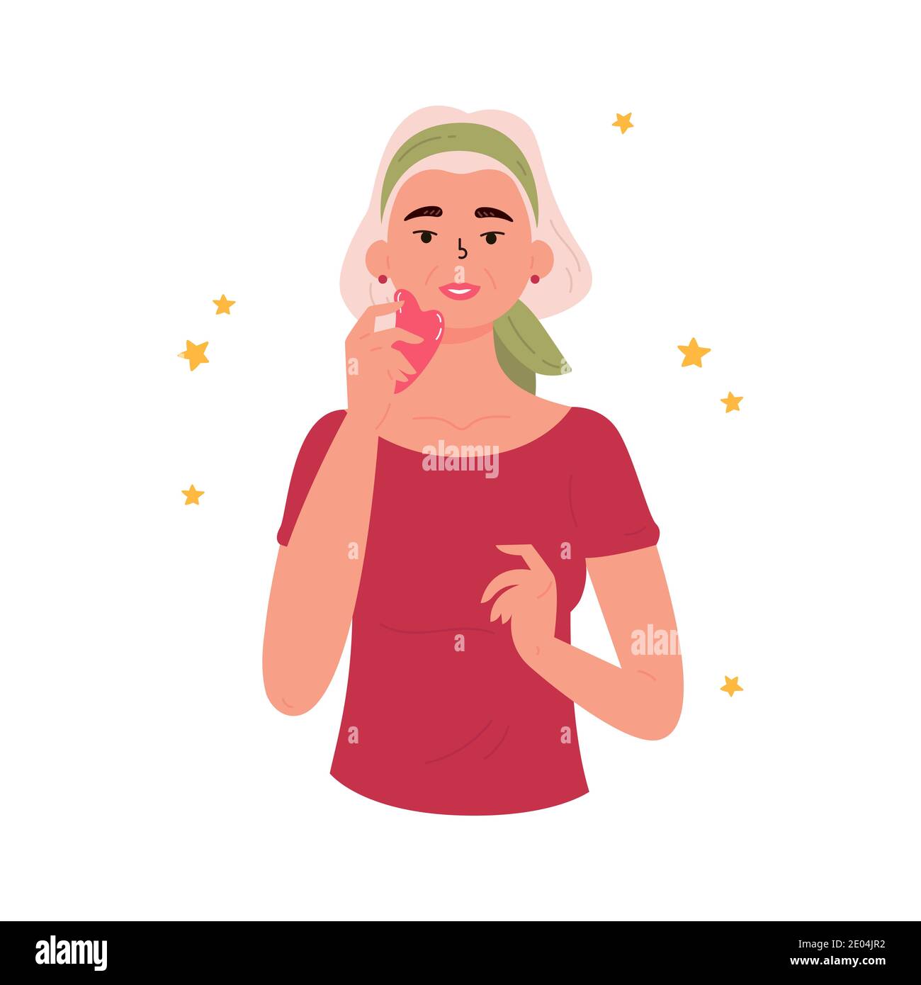 Massage facial Gua Sha. Femme avec la pierre de gua sha Illustration de Vecteur