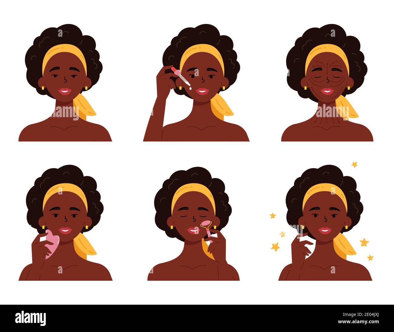 Méthode de soin de la peau anti-âge étape par étape. Gua Sha. Illustration de Vecteur