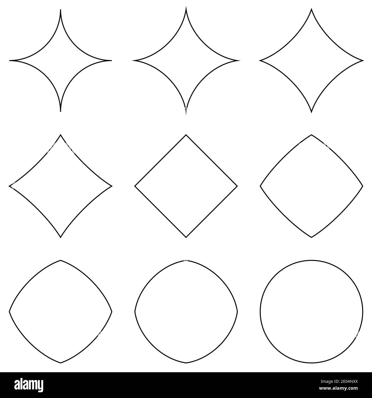 définir des formes géométriques, passer d'une étoile à un cercle et à un carré, des formes géométriques vectorielles pour la conception, différentes convexités et concavités Illustration de Vecteur