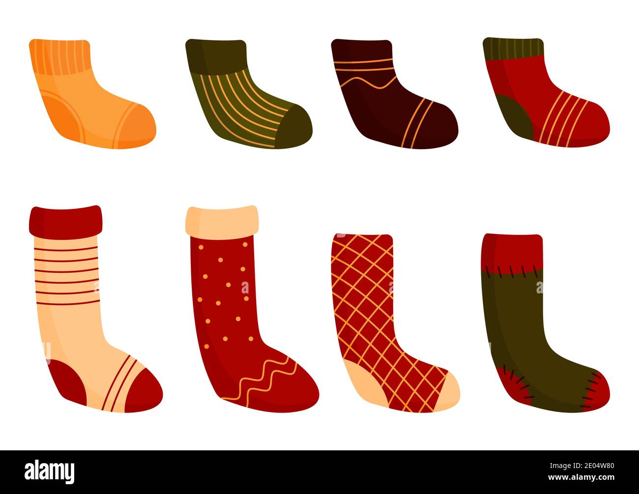 Ensemble de chaussettes de Noël plates colorées. Vêtements d'hiver chauds et confortables. Bas de Noël traditionnel rétro à rayures. Heure de l'hygge, accessoire mignon de vacances. Bonneterie de style dessin animé. Isolé sur une illustration vectorielle blanche Illustration de Vecteur