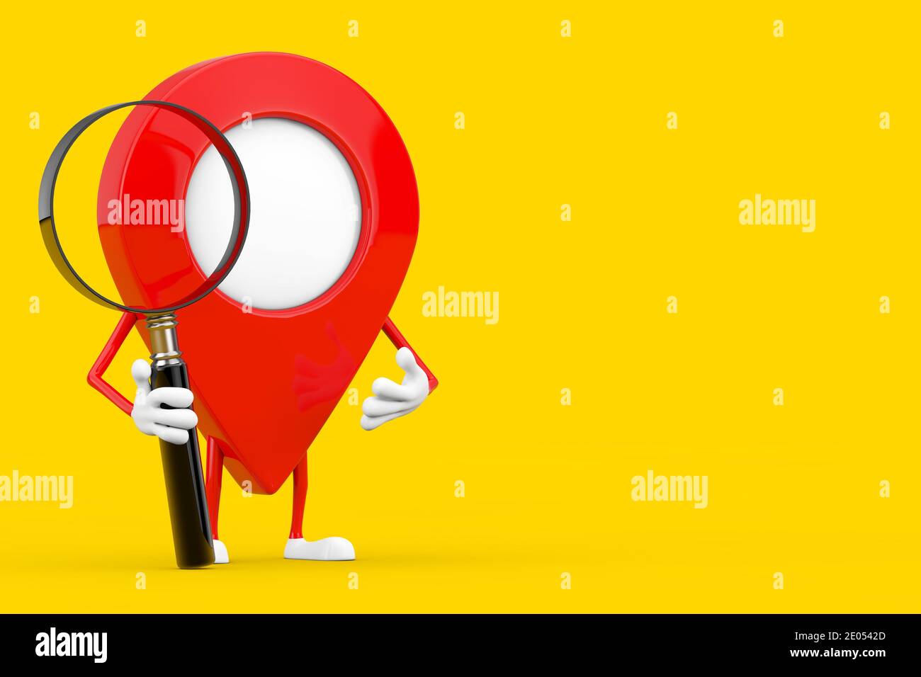 Pointeur de carte rouge personnage de la broche cible Mascot avec loupe sur fond jaune. Rendu 3d Banque D'Images