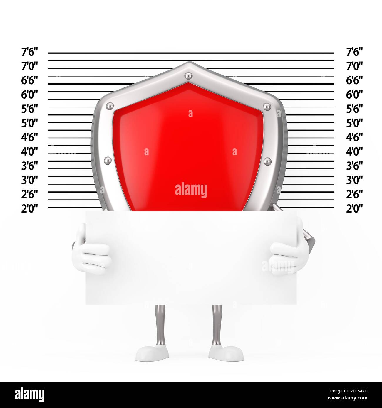Mascotte de personnage Red Metal protection Shield avec plaque d'identification devant la police ou Mugshot Background Extreme Closeup. Rendu 3d Banque D'Images