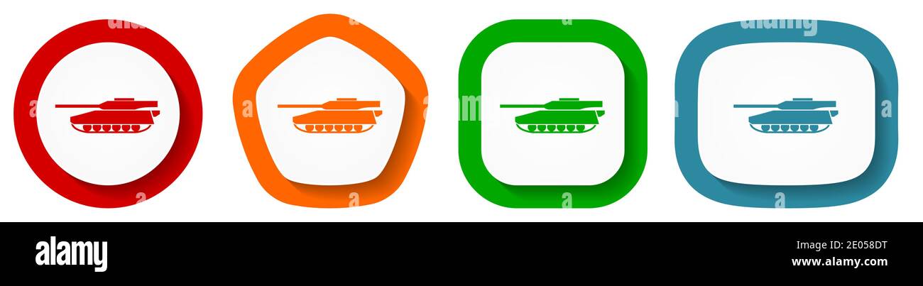 Tank, armée, militaire, jeu d'icônes vecteur véhicule de guerre, boutons de conception plate sur fond blanc Illustration de Vecteur