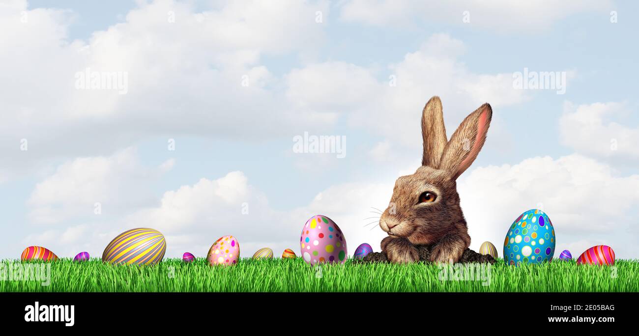 Pâques et printemps ou avril, ambiance festive de saison avec lapin et œufs décorés avec éléments de rendu 3D. Banque D'Images