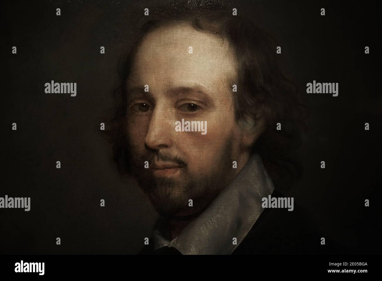 Gros plan détail huile sur toile William Shakespeare ,par le peintre Gerard Soest vers 1667 ,Stratford-upon-Avon, Royaume-Uni . Banque D'Images