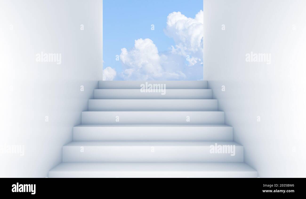 Escalier blanc monte jusqu'à la sortie ouverte, arrière-plan intérieur abstrait vide sous ciel nuageux le jour, vue avant, illustration de rendu 3d Banque D'Images