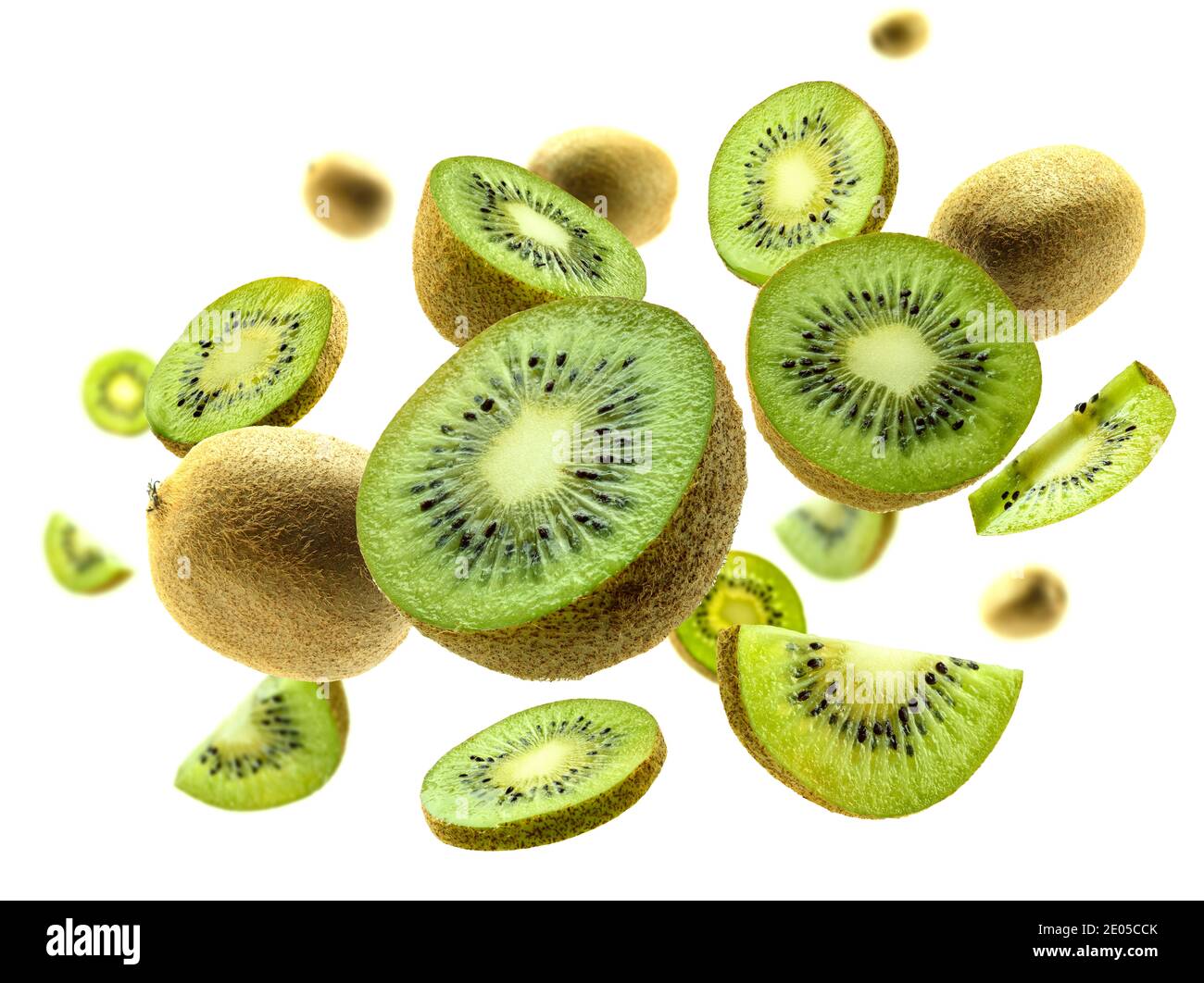Fruits kiwi lévitant sur un fond blanc Banque D'Images