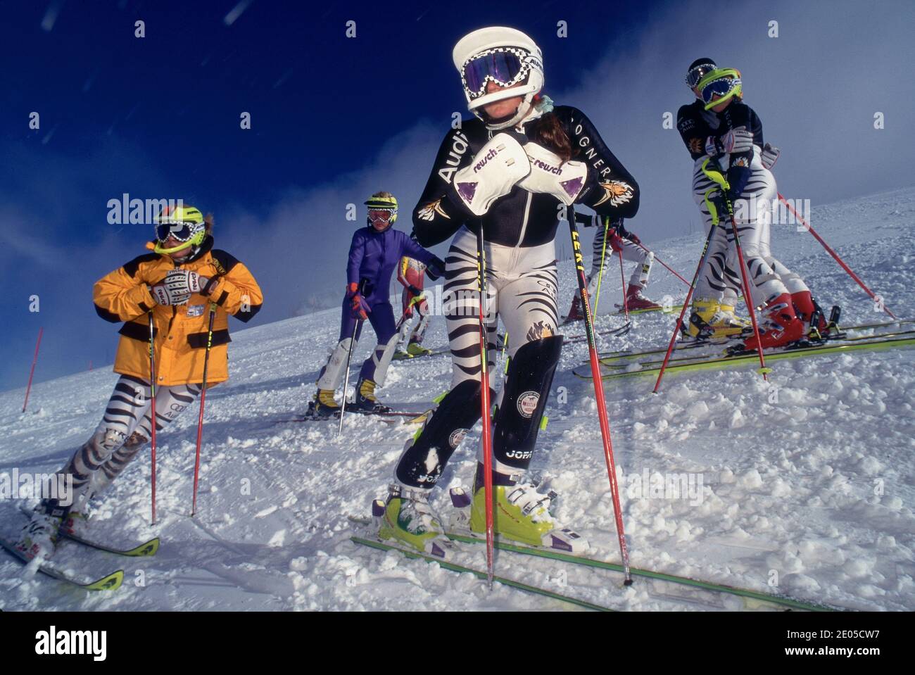 Groupe de jeunes avec ski sur la montagne Banque D'Images