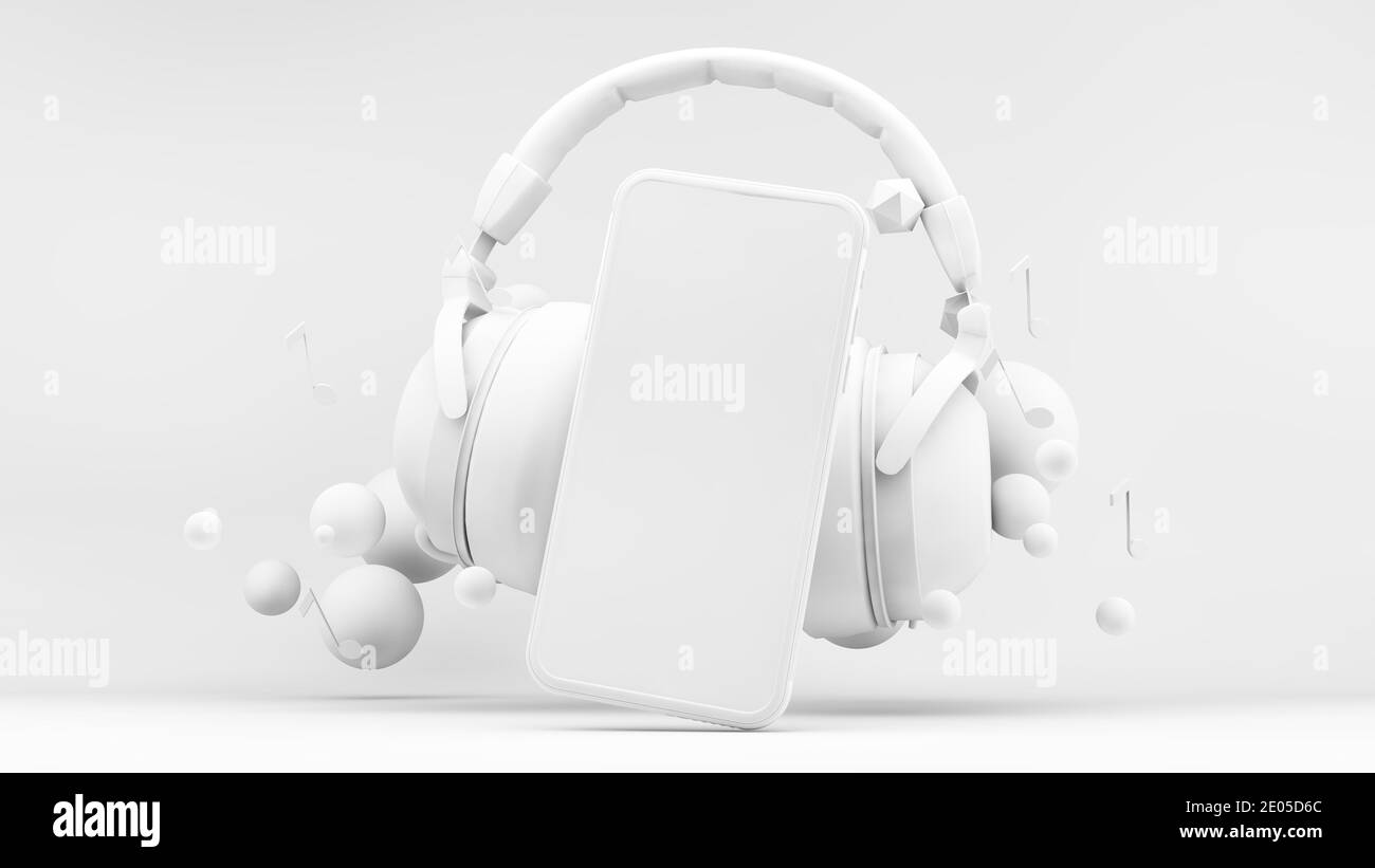 Téléphone portable avec casque, maquette du rendu 3d Banque D'Images