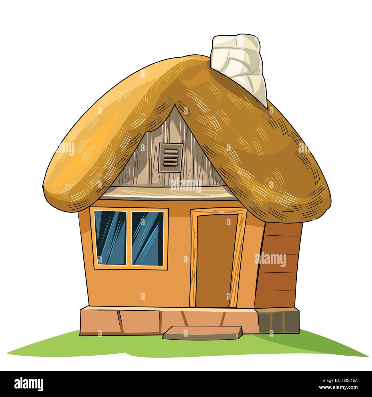 Une vieille maison avec un toit de chaume. Fabuleux objet de dessin animé. Joli style puéril. Une ancienne habitation. Petit, petit. Isolé sur blanc. Banque D'Images