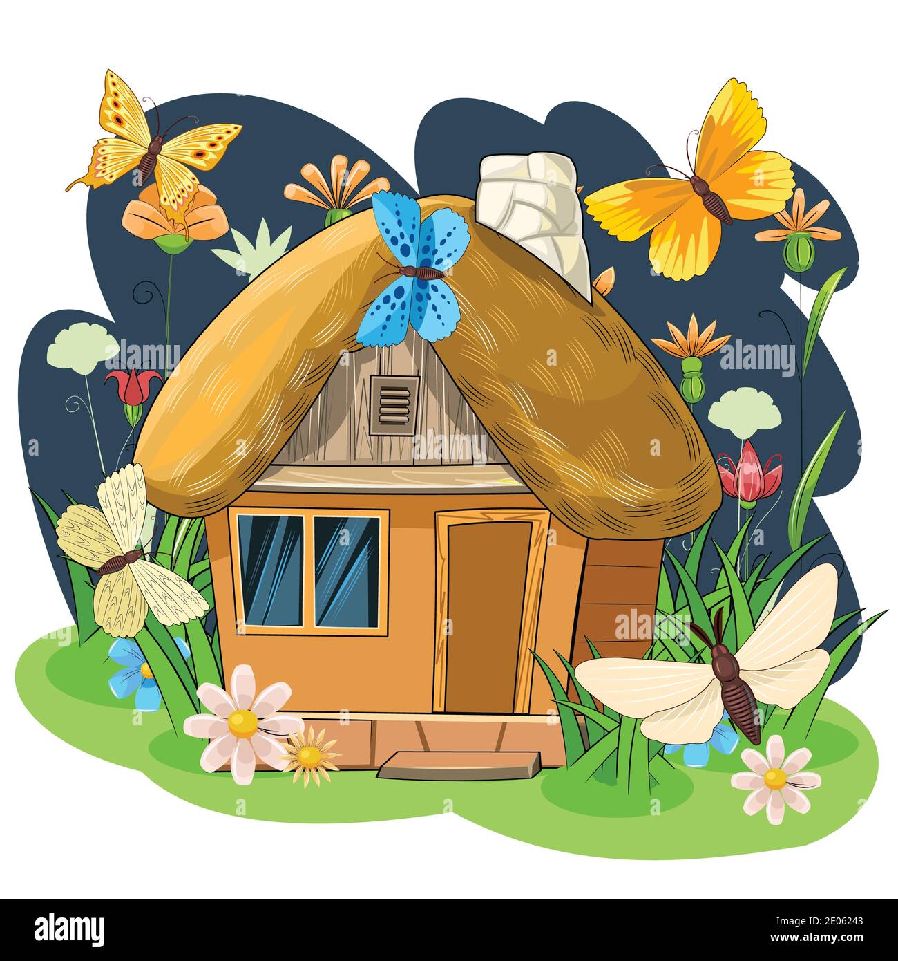 Une vieille maison avec un toit de chaume. Maison en pierre. Fabuleux objet de dessin animé. Joli style puéril. Ancienne habitation. Petit, petit. Sur l'arrière-plan de Banque D'Images