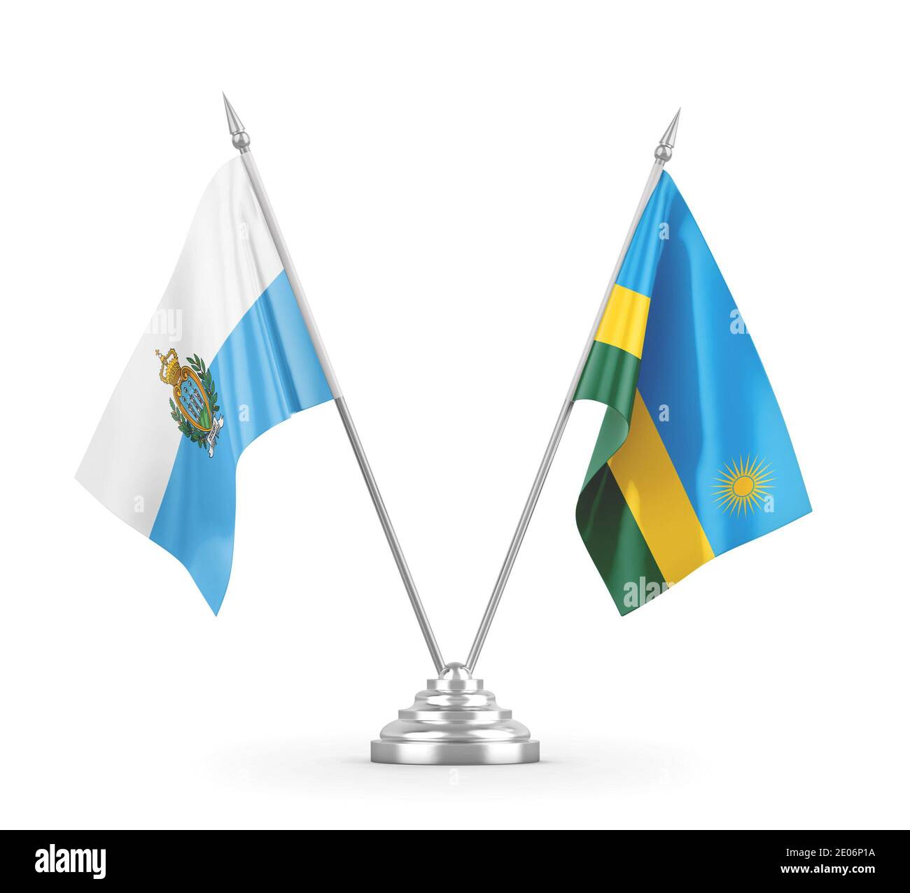 Les drapeaux de table du Rwanda et de Saint-Marin sont isolés sur fond blanc Rendu 3D Banque D'Images