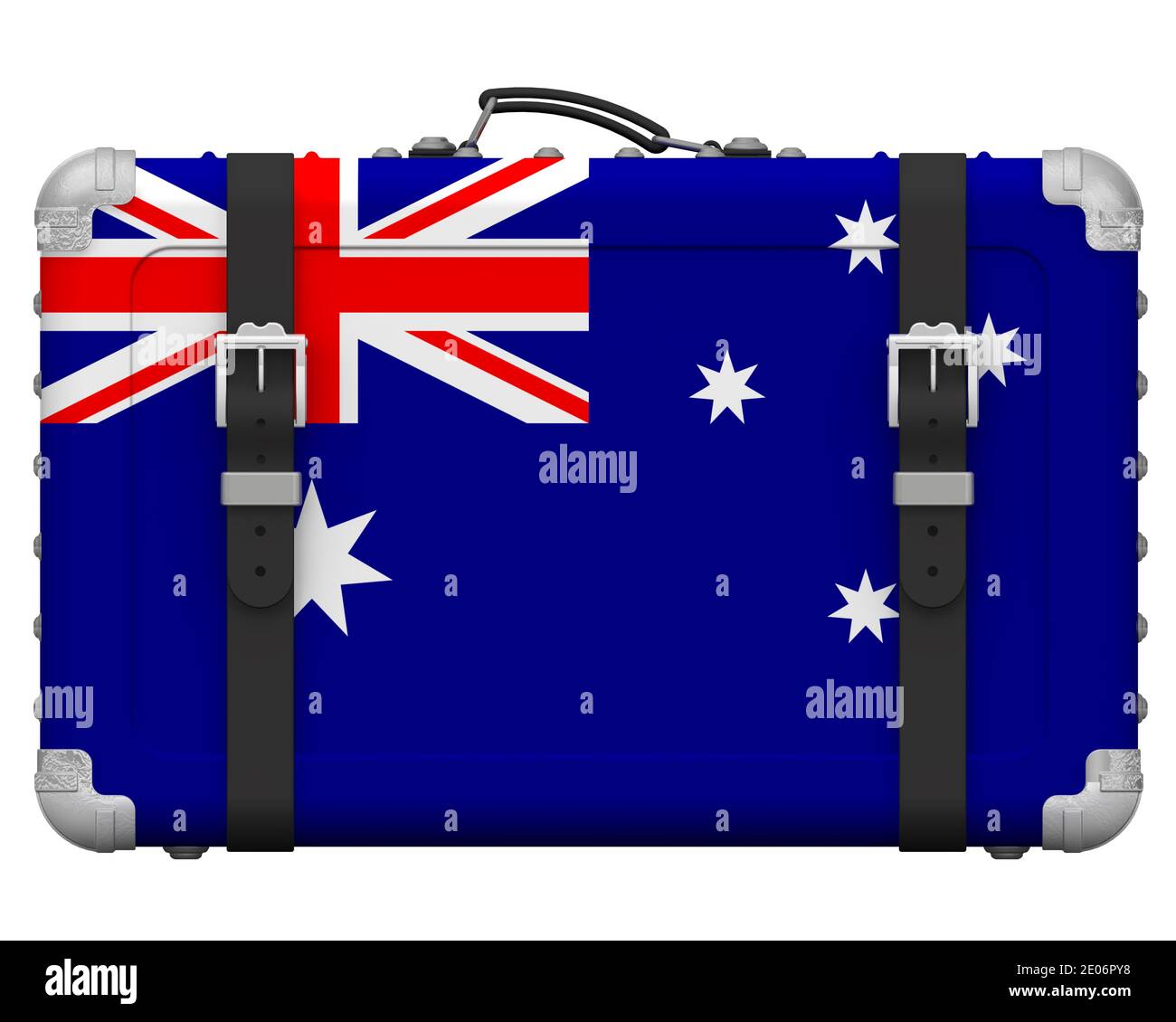 Valise élégante avec drapeau national de l'Australie. La valise rétro avec le drapeau national du Commonwealth d'Australie se trouve sur une surface blanche Banque D'Images