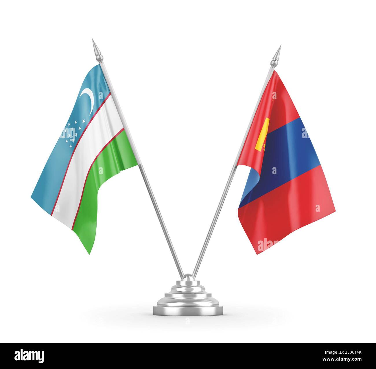 Drapeaux de table de Mongolie et d'Ouzbékistan isolés sur fond blanc 3D rendu Banque D'Images