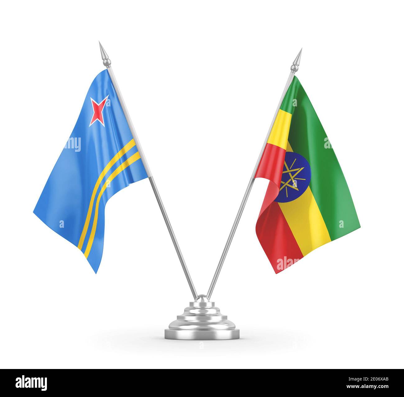 Drapeaux de table d'Ethiopie et d'Aruba isolés sur fond blanc 3D rendu Banque D'Images