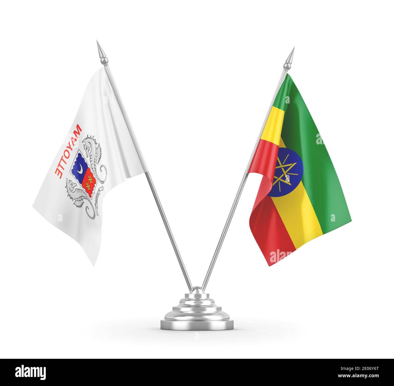 Drapeau de table de l'Éthiopie et de Mayotte isolés sur fond blanc 3D rendu Banque D'Images