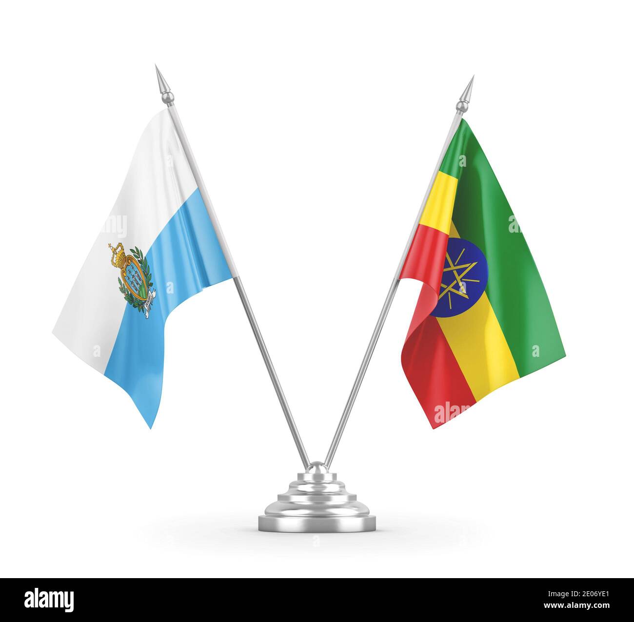 Drapeaux de table d'Éthiopie et de Saint-Marin isolés sur fond blanc Rendu 3D Banque D'Images