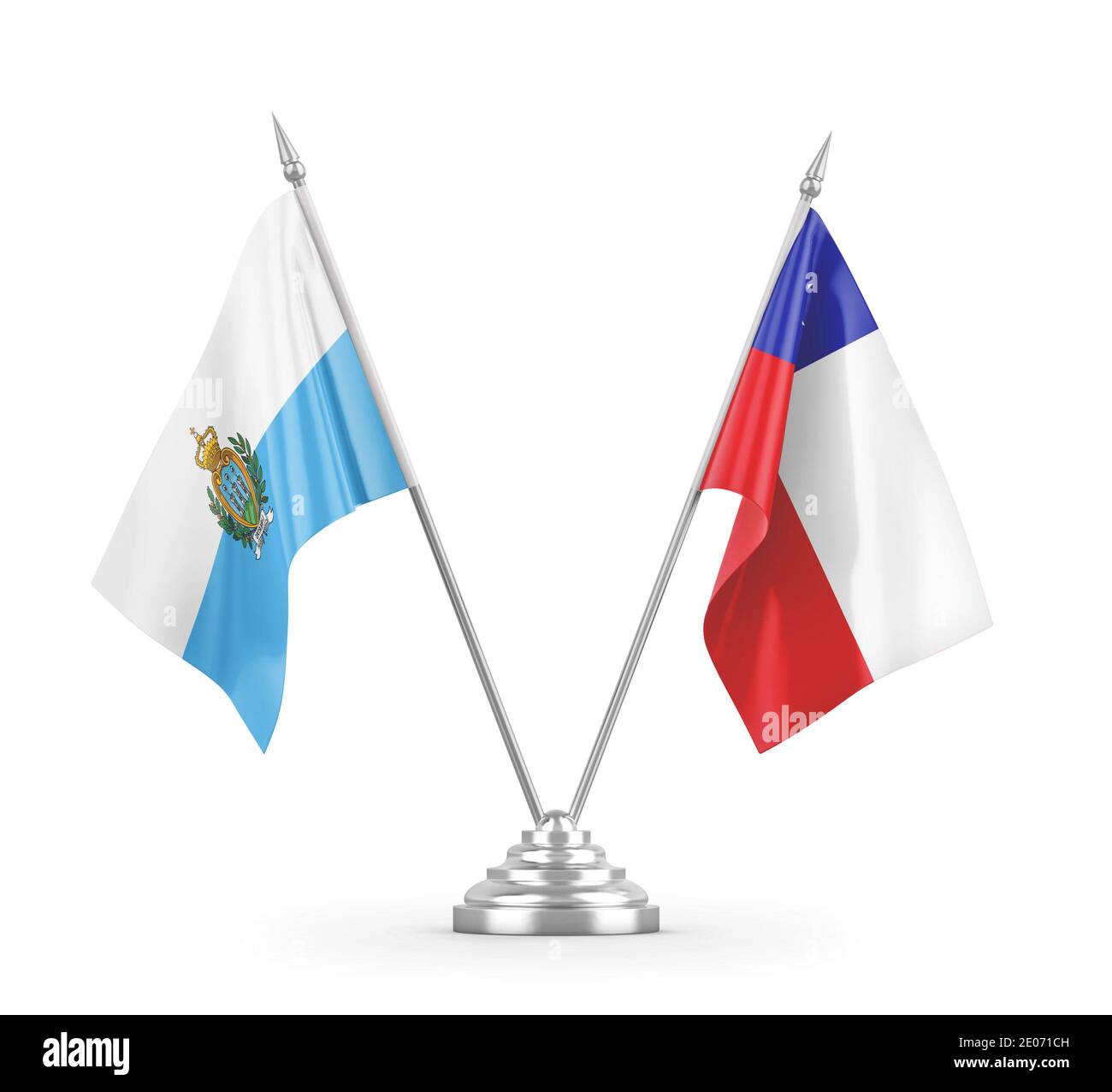 Drapeaux de table Chili et Saint-Marin isolés sur fond blanc Rendu 3D Banque D'Images