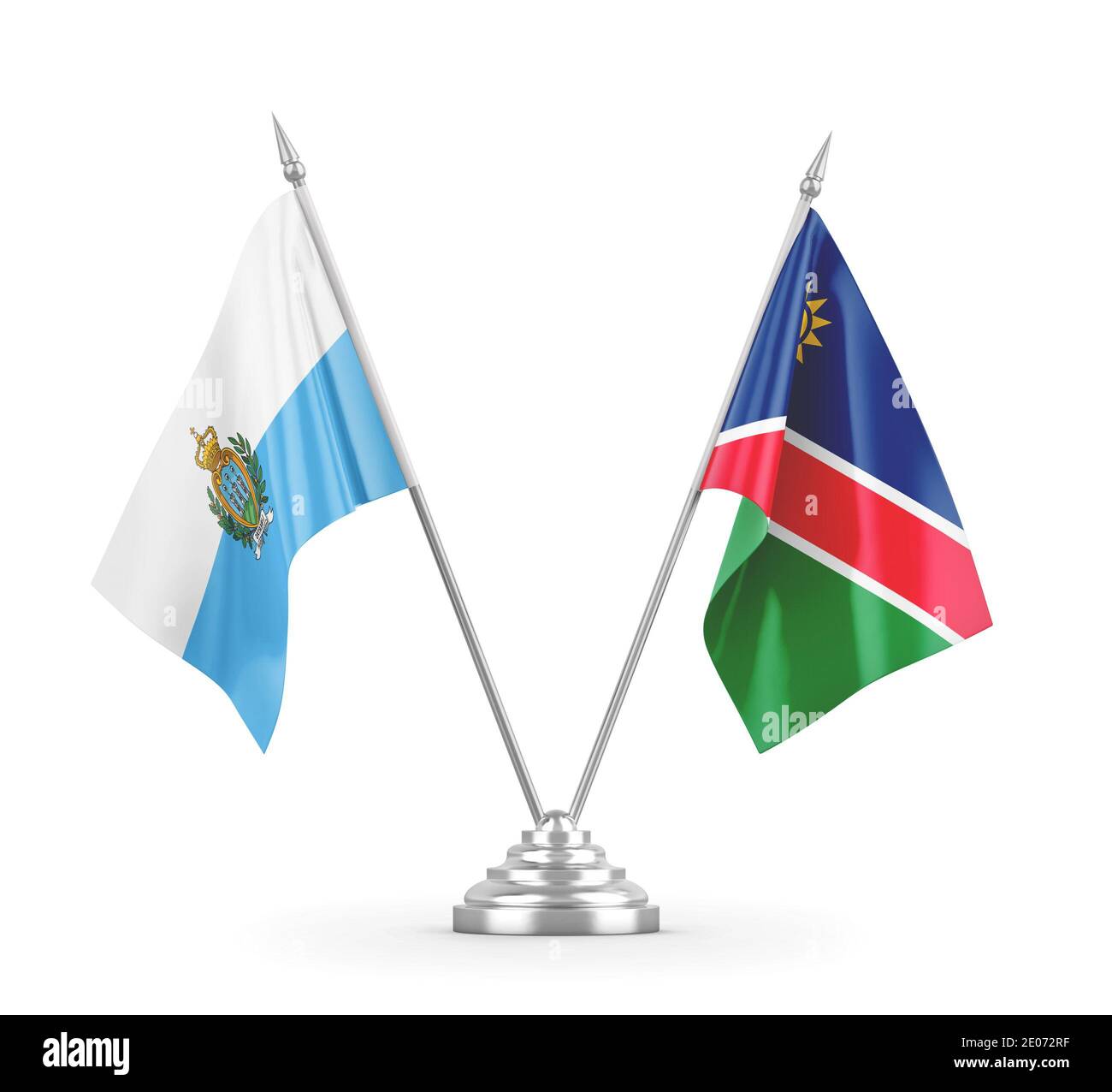 Drapeaux de table de Namibie et de Saint-Marin isolés sur fond blanc Rendu 3D Banque D'Images