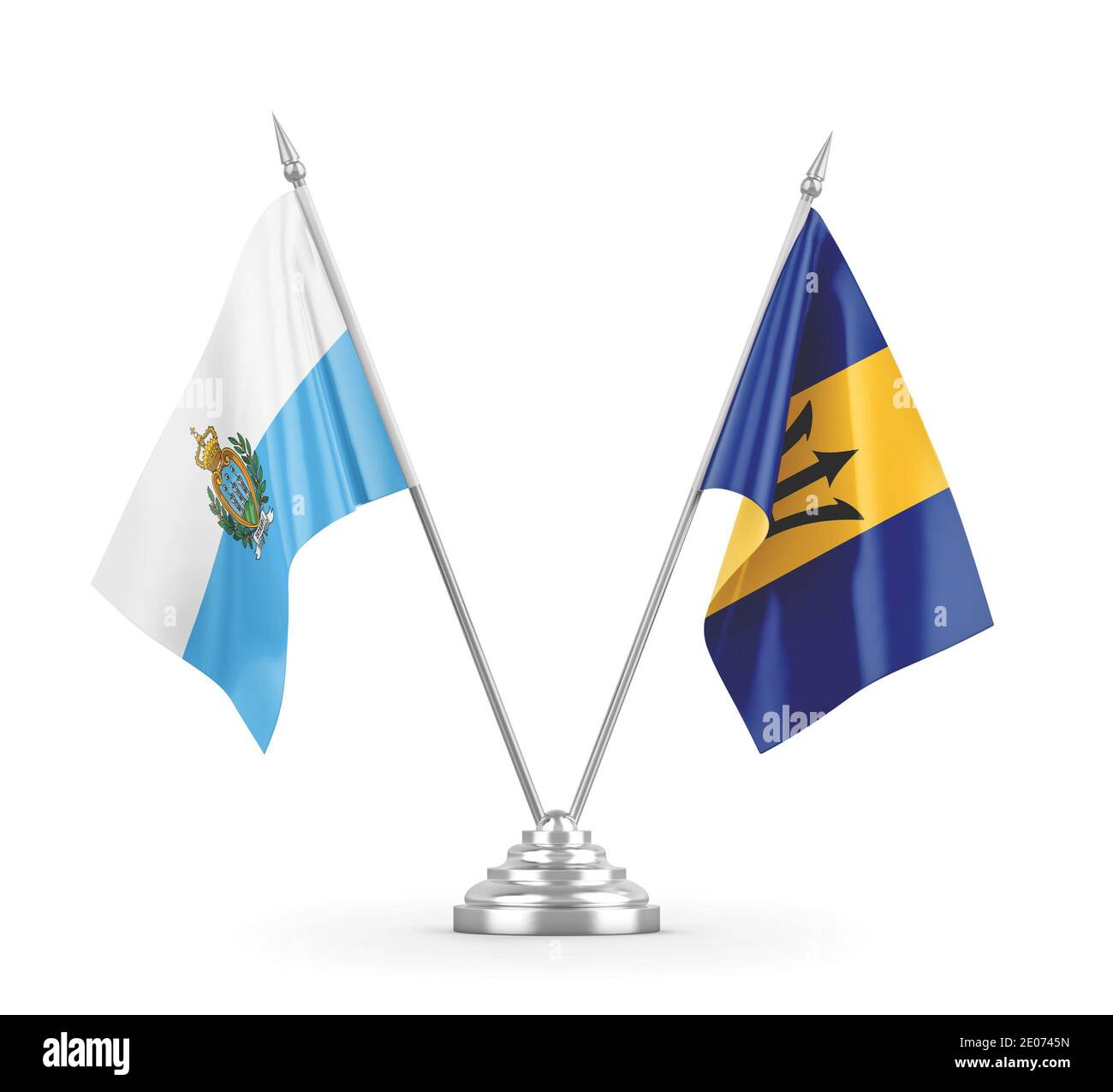 Drapeaux de table de la Barbade et de Saint-Marin isolés sur fond blanc Rendu 3D Banque D'Images