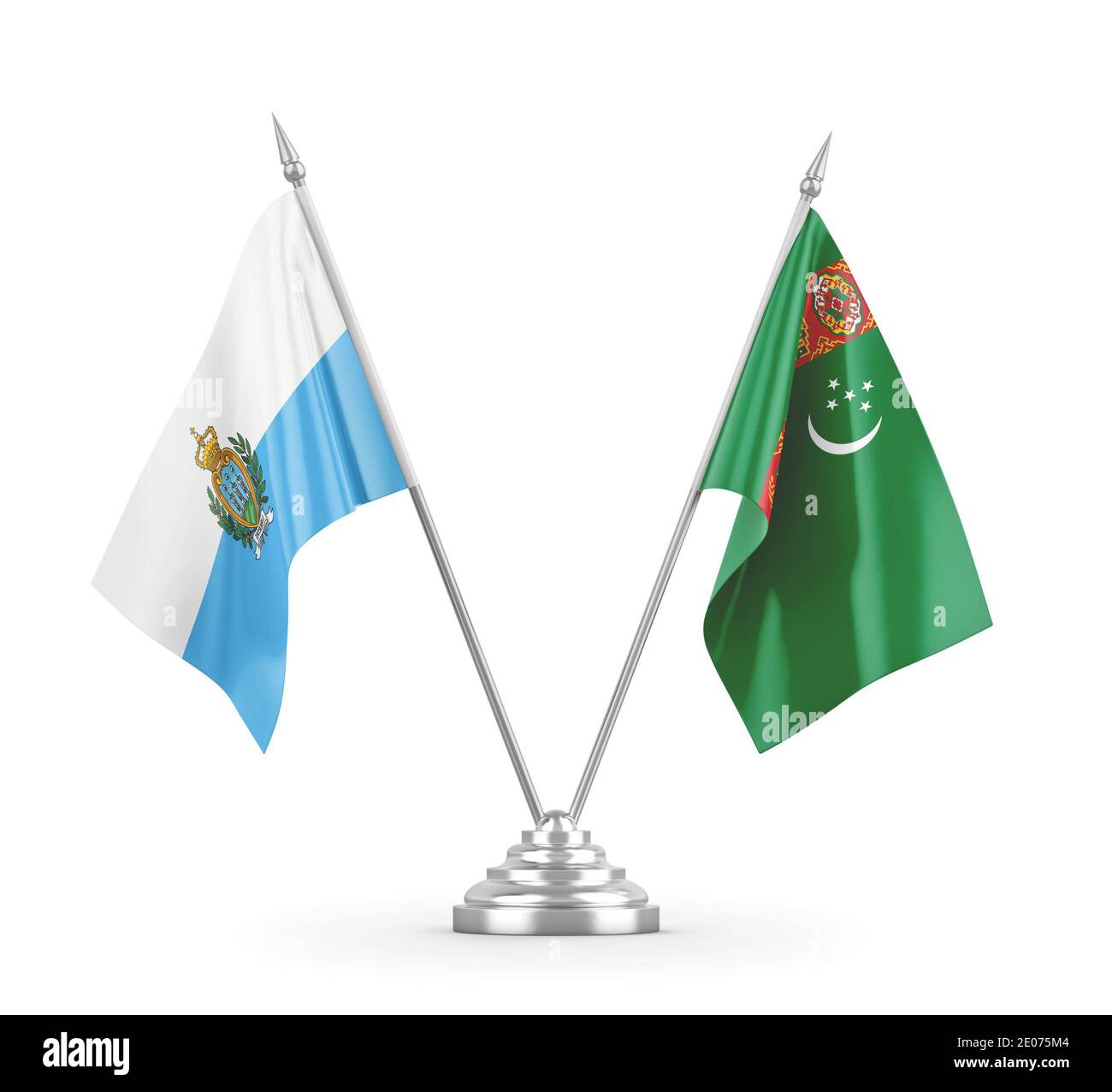 Les drapeaux de table du Turkménistan et de Saint-Marin sont isolés sur fond blanc Rendu 3D Banque D'Images