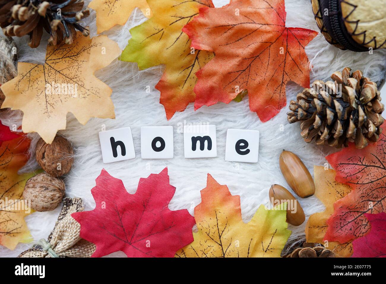 Mot décoratif Home avec des cônes et des feuilles mortes sur fond blanc. Halloween, jour de Thanksgiving ou fond automnal saisonnier. Banque D'Images