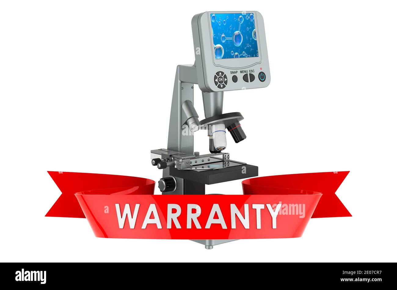 Concept de garantie du microscope Dogital. Rendu 3D isolé sur fond blanc Banque D'Images