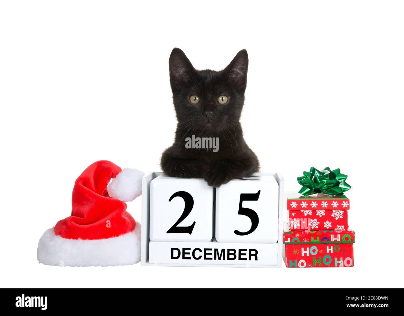 Adorable chaton noir décontracté sur des blocs de calendrier avec date de vacances pour Noël, décembre 25. Chapeau de père Noël et cadeaux à côté. Isolé sur blanc Banque D'Images