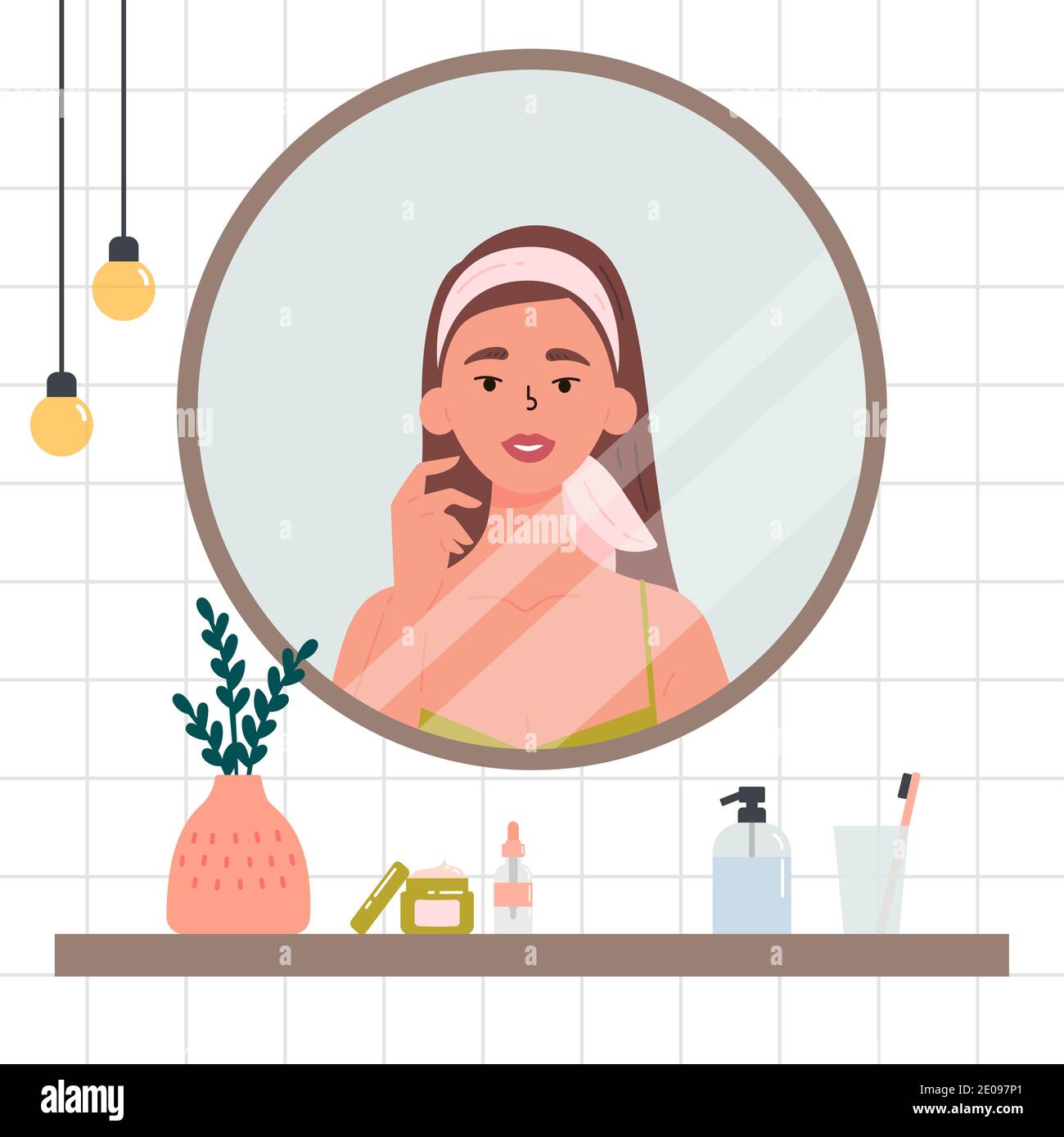 Femme à la recherche dans le miroir. Illustration de Vecteur