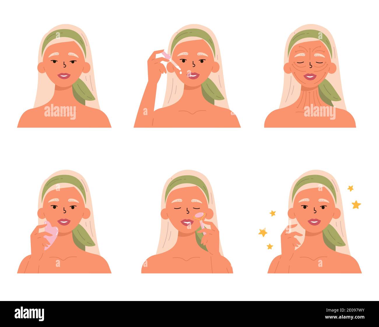 Méthode de soin de la peau anti-âge étape par étape. Gua Sha. Illustration de Vecteur